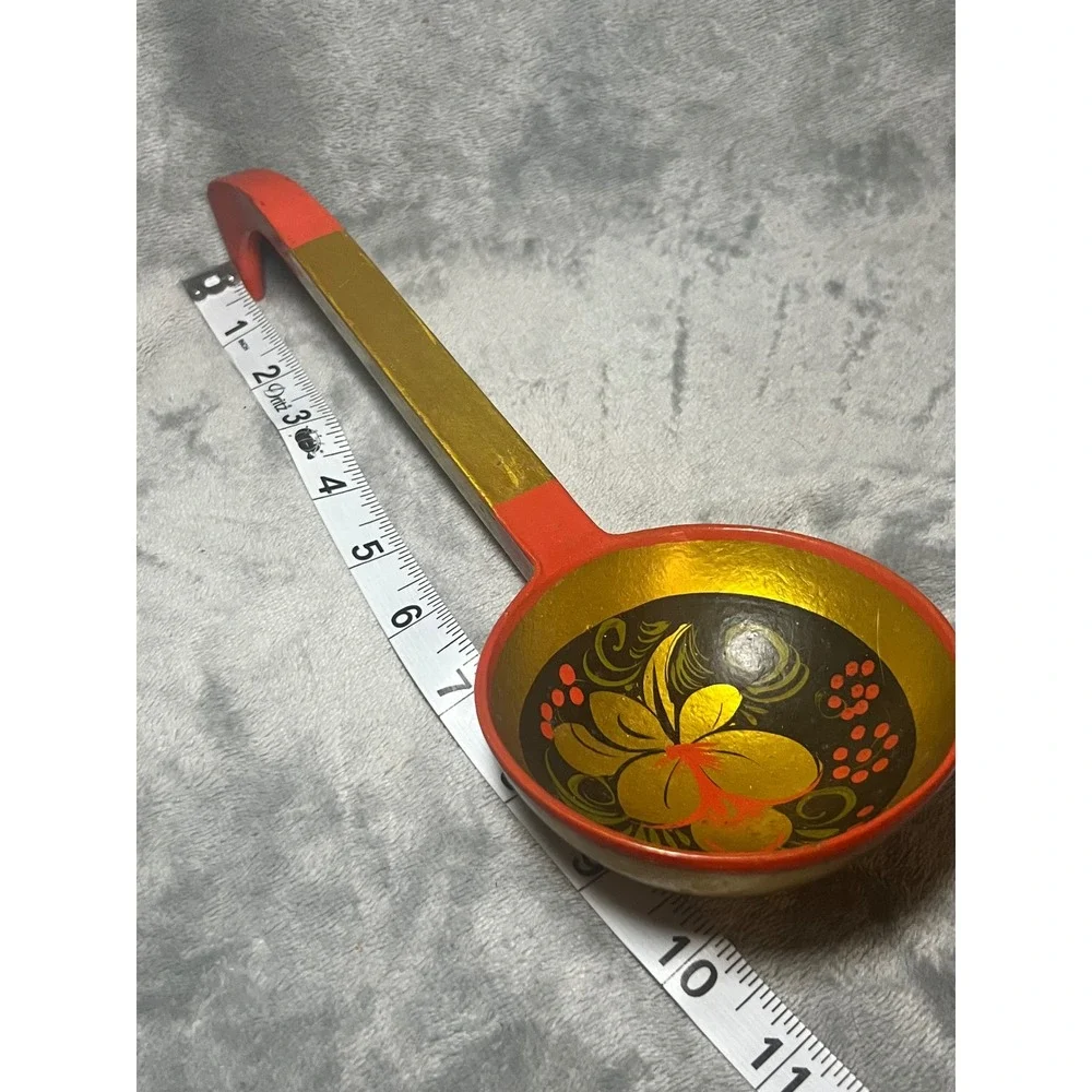 Vintage Hand Painted Wooden Ladle Spoon Folk Art Floral Red Black 11in
